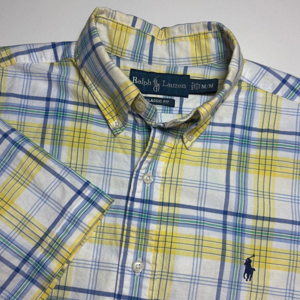 Ralph Lauren Classic Fit Mens M Yellow Blue Plaid Short Sleeve Button Down Shirt
